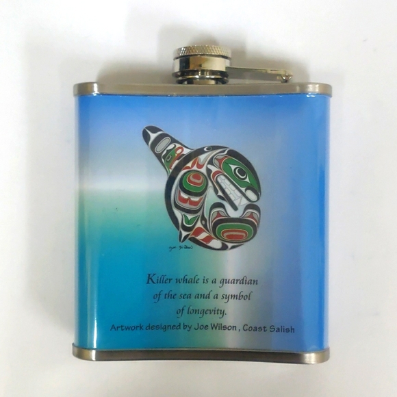 Killerwhale Indigenous design by Joe Wilson Hip Flask 6oz Stainless Steel - Picture 2 of 6
